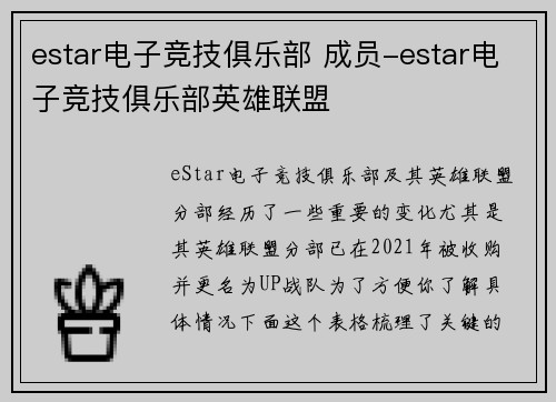estar电子竞技俱乐部 成员-estar电子竞技俱乐部英雄联盟